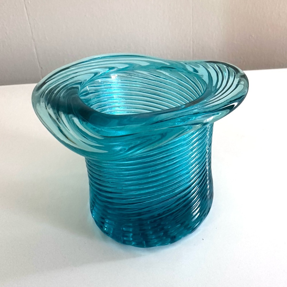 Vintage Avon Teal Swirl Glass Top-Hat Candle or Toothpick Holder